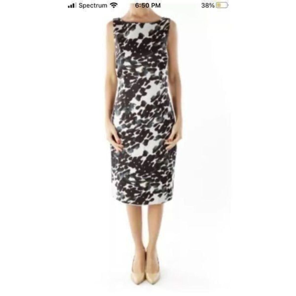 ANN TAYLOR sz 2P sleeveless exposed side zip black white abstract work dress